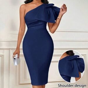 Elegant Navy Blue One-Shoulder Dress